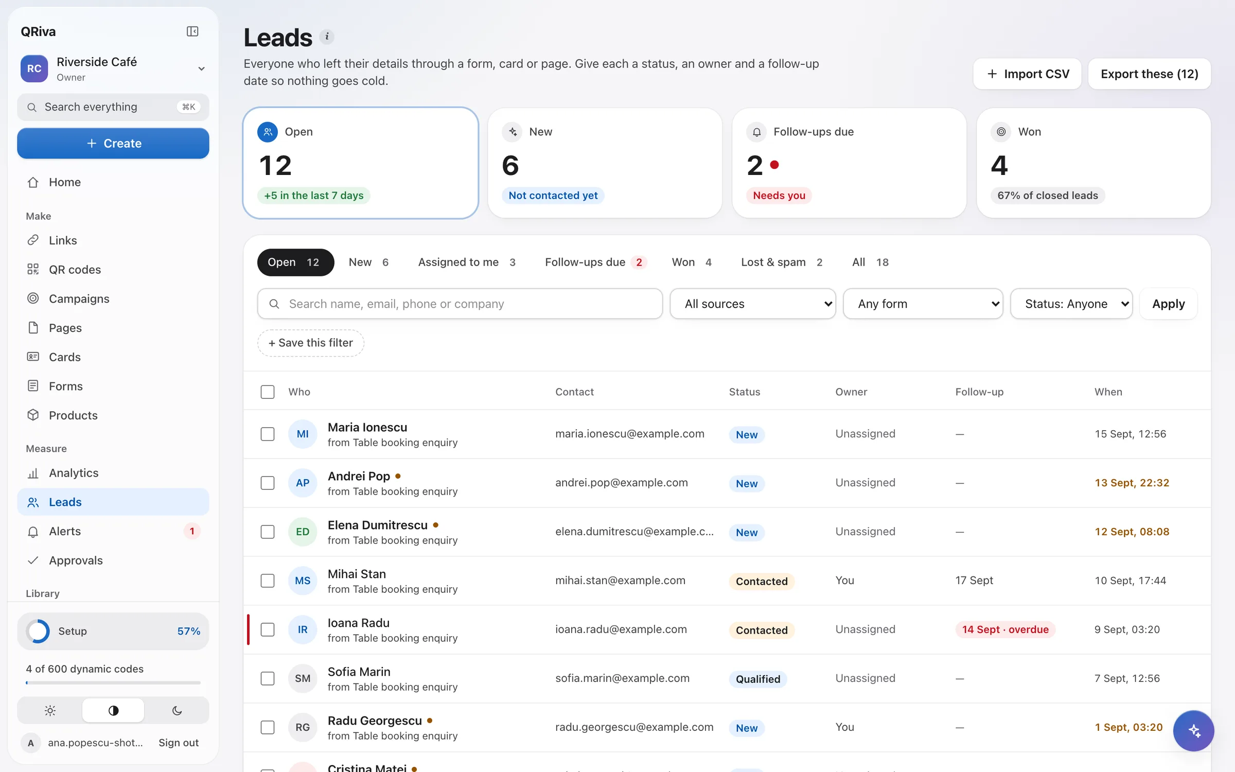 The QRiva leads inbox with status, owner and follow-up for each person
