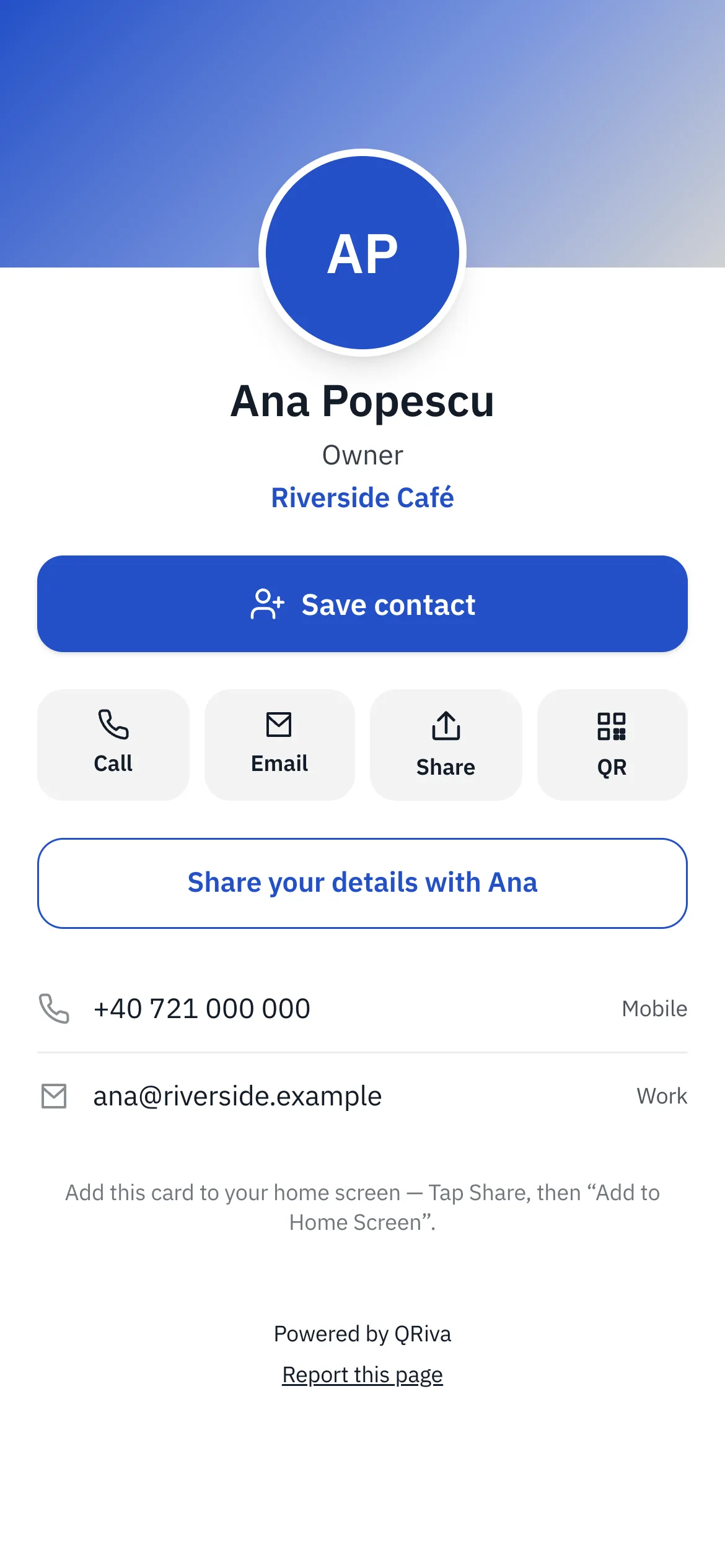 A digital business card on a phone with Save contact, Call, Email, Share and QR
