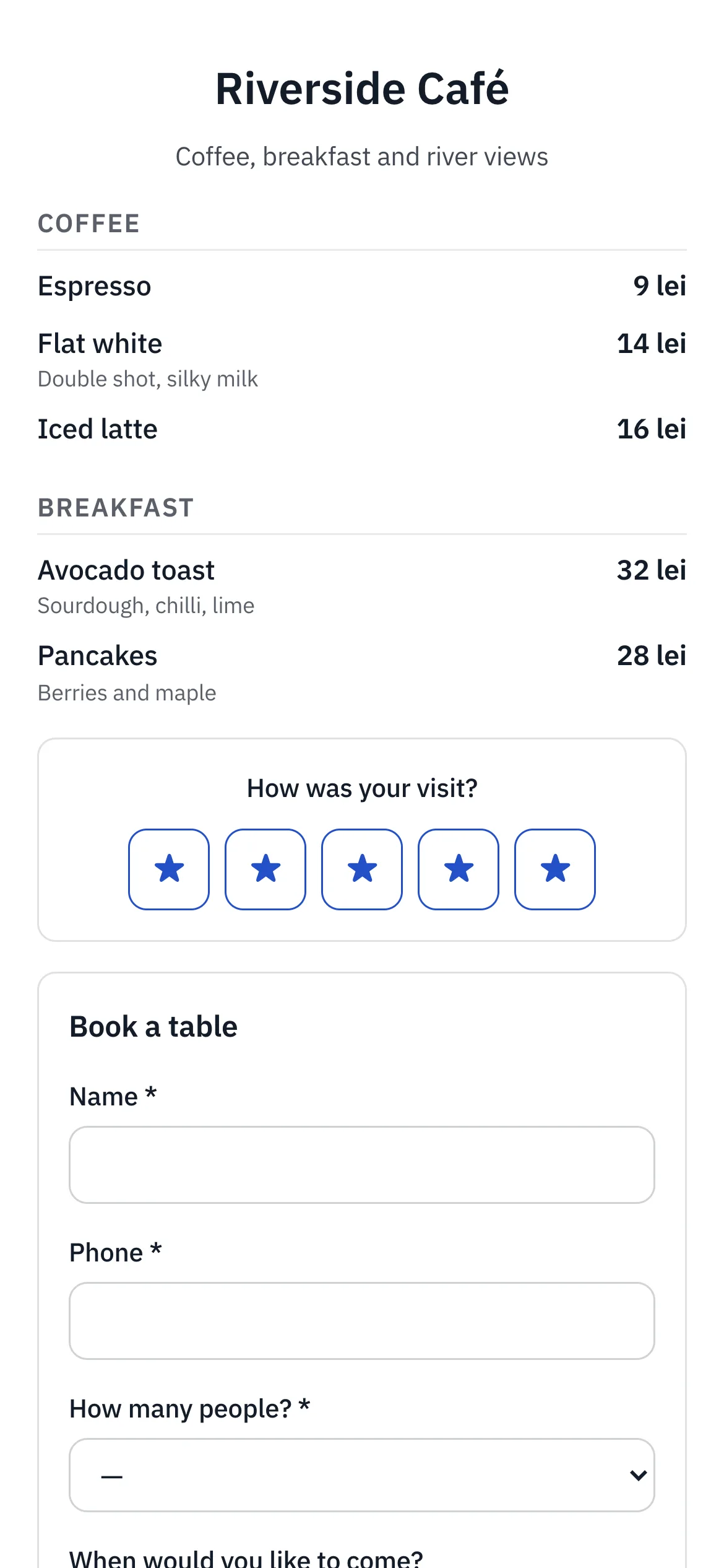 A café menu page with a rating and a booking form on a phone