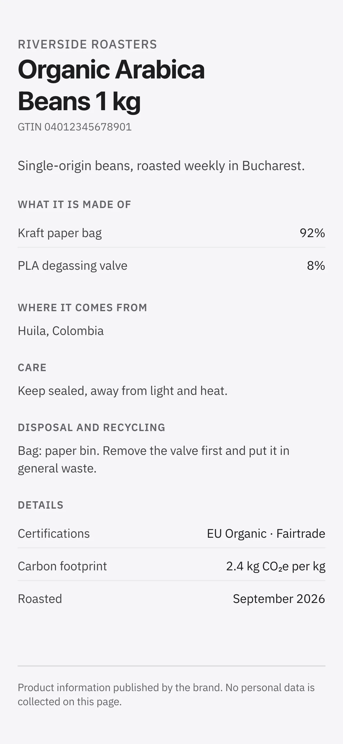 A product passport on a phone with materials, origin, care and recycling